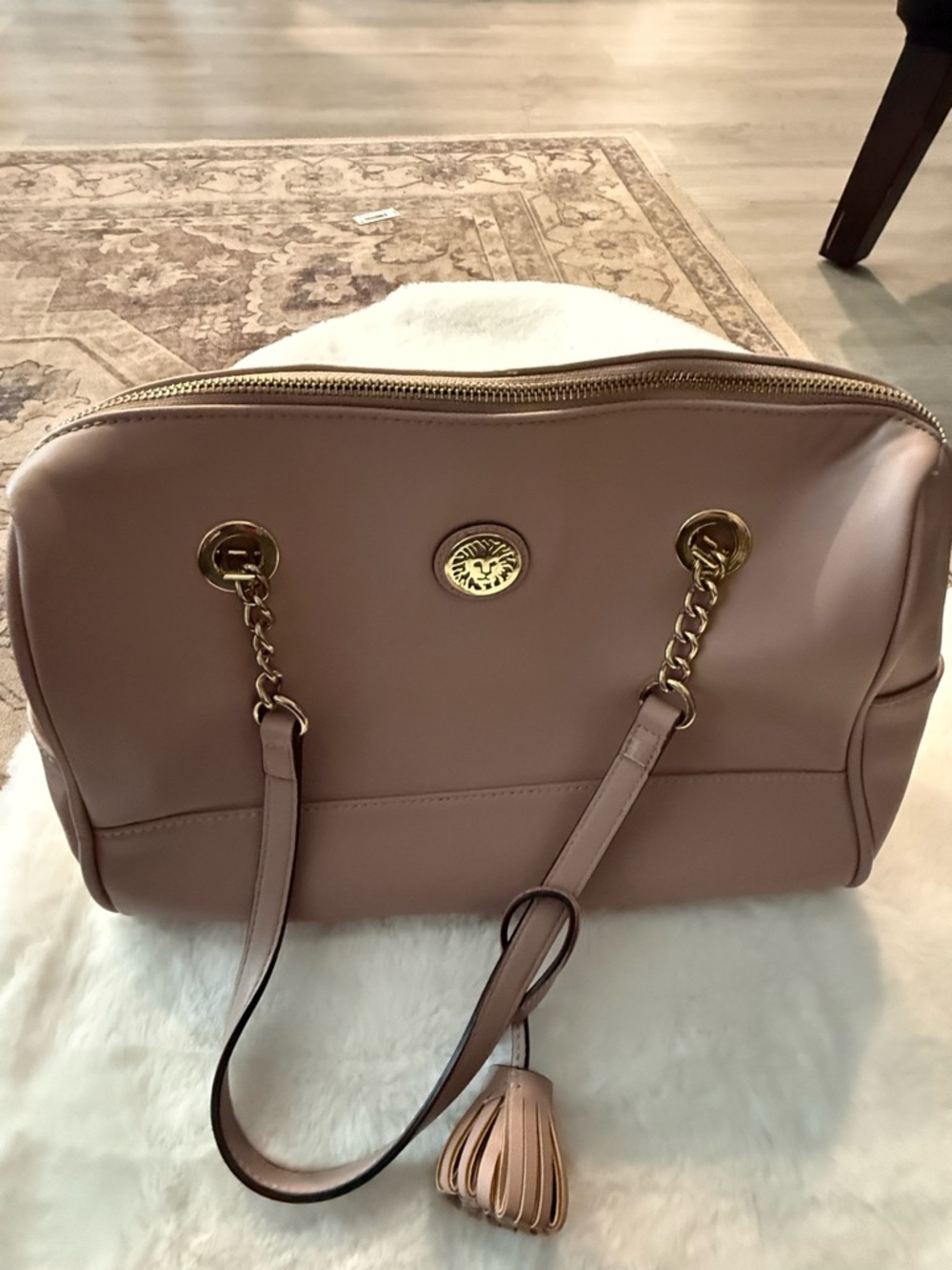 Gold-Tone Emblem Taupe Shoulder Bag